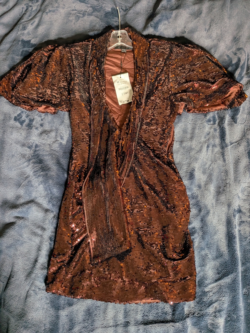 ZARA Brown Solid Sequin Polyester Mini Dress Womens M V-Neck Short Sleeve